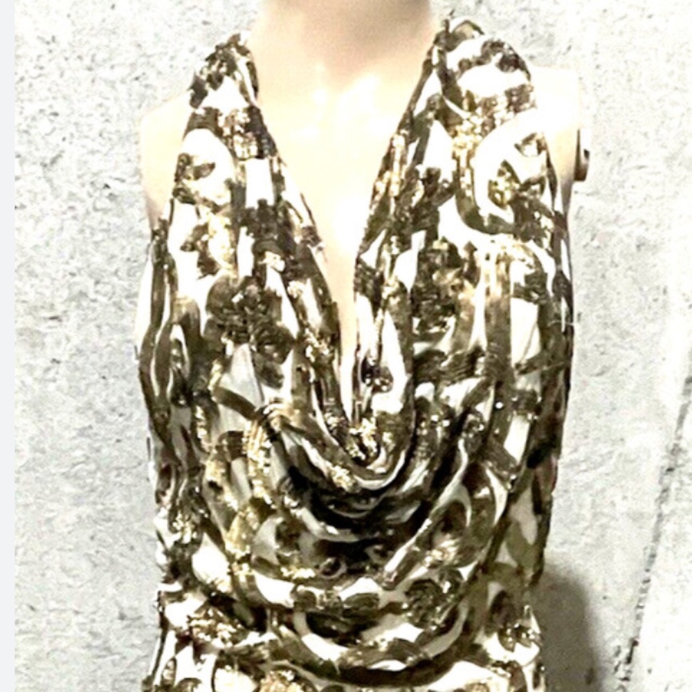 Naeem Kahn Cowl Neck Sequined Embroidered Maxi Dress Evening Wear Gown